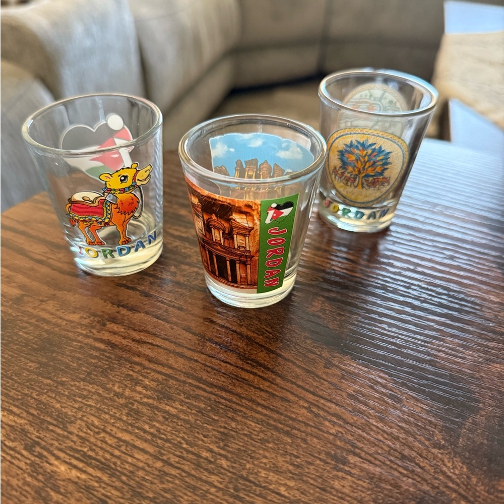 Jordan Souvenir Shot Glass Set (3). Petra. Madaba. Middle East. Arabic.